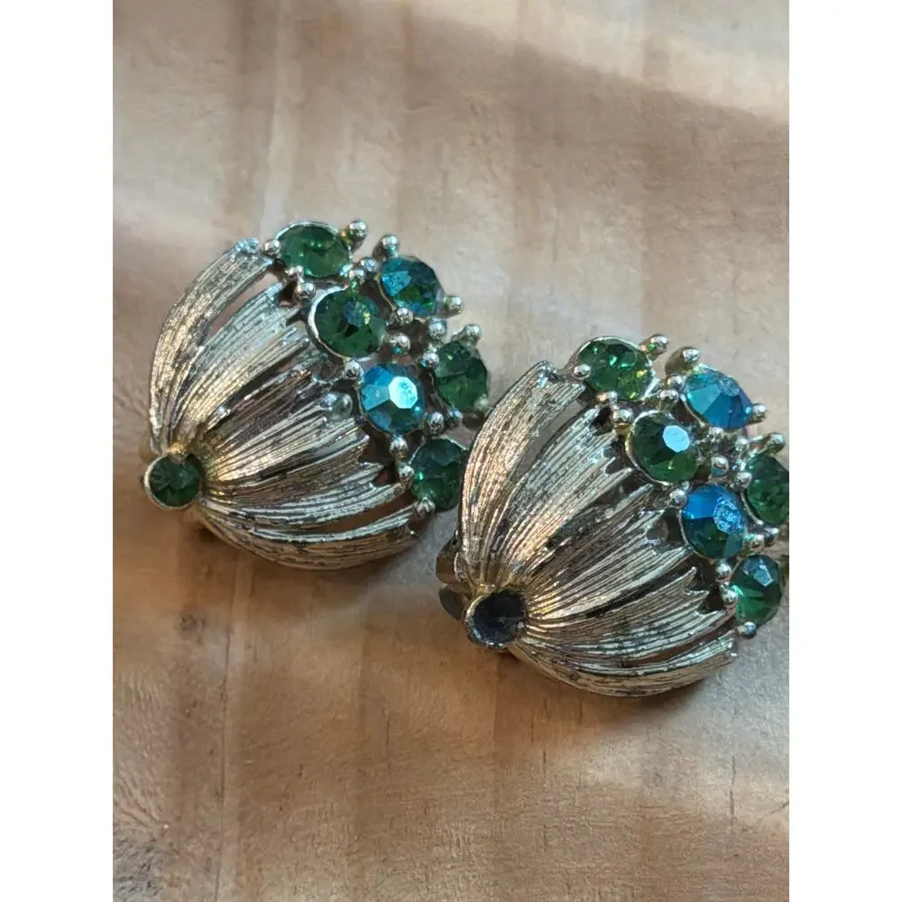 Vintage Lisner signed silver tone blue & green rhinestone clip on earrings